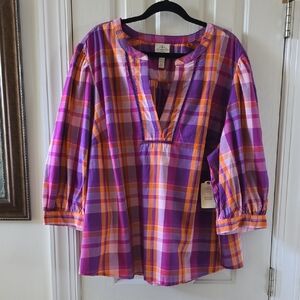 Women’s Plaid Split-Neck Top in Purple & Orange